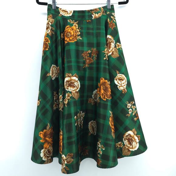 Modcloth Whimsy Retro-Chic Flowy A-Line Regal Floral Over Green Buffalo Check S - Picture 1 of 14
